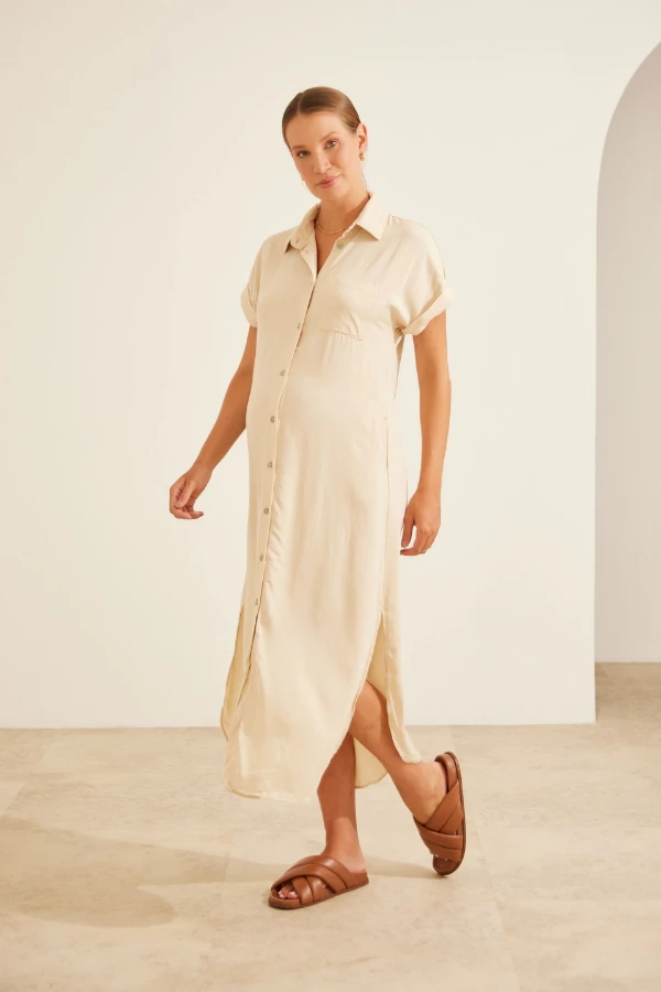 VESTIDO CAMISÃO COOL EM VISCOSE GESTANTE E AMAMENTAÇÃO AREIA - Imagem 1