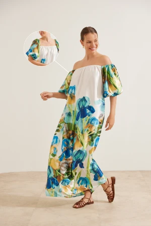 VESTIDO CETIM COREANO ESTAMPADO GESTANTE E AMAMENTAÇÃO FLORES AZUIS - Imagem 2