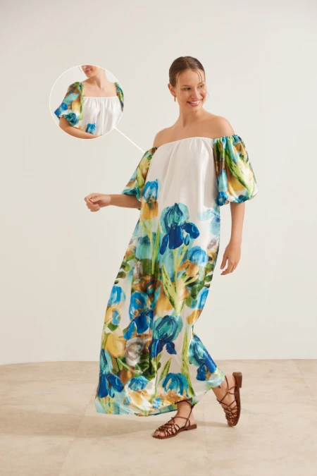 VESTIDO CETIM COREANO ESTAMPADO GESTANTE E AMAMENTAÇÃO FLORES AZUIS