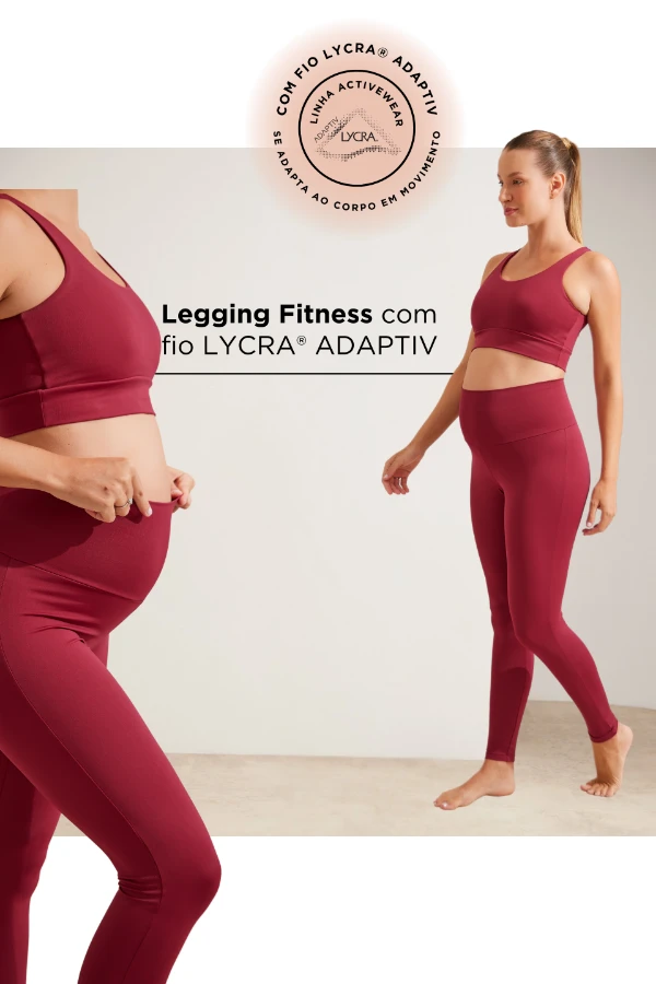 LEGGING FITNESS COM FIO LYCRA® ADAPTIV GESTANTE E PÓS-PARTO VINHO - Imagem 1