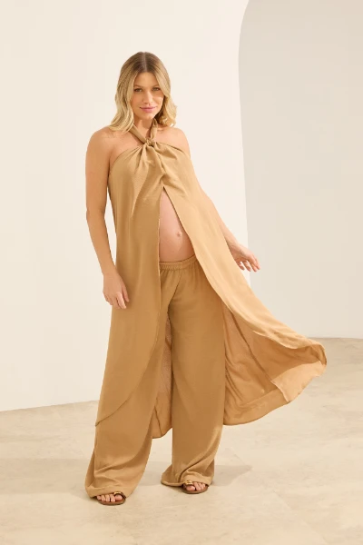 CONJUNTO TÚNICA E CALÇA REGULÁVEL GESTANTE E AMAMENTAÇÃO CAQUI - Imagem 1