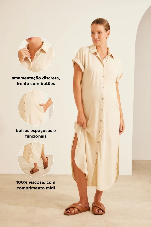 VESTIDO CAMISÃO COOL EM VISCOSE GESTANTE E AMAMENTAÇÃO AREIA - Imagem 2