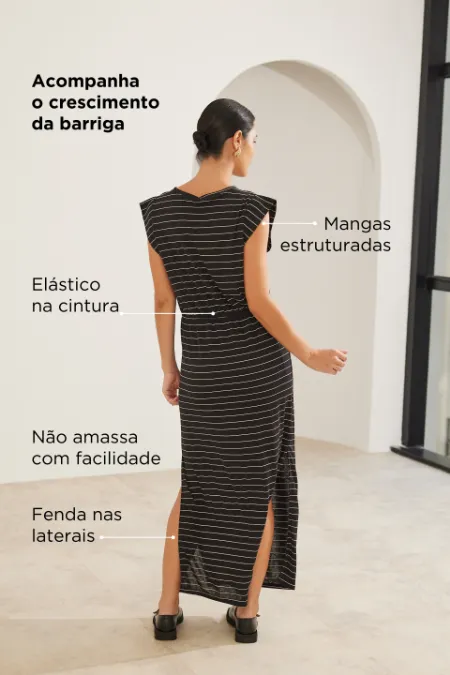 VESTIDO GESTANTE E AMAMENTAÇÃO BÁSICO PERFEITO MALHA CREPE LISTRADO PRETO