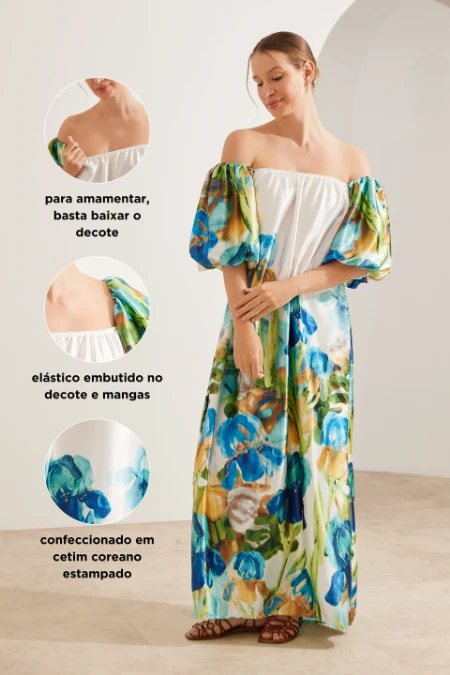 VESTIDO CETIM COREANO ESTAMPADO GESTANTE E AMAMENTAÇÃO FLORES AZUIS