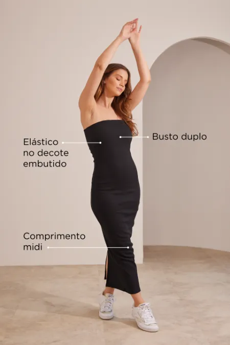 VESTIDO GESTANTE E AMAMENTAÇÃO SEM ALÇAS CANELADO TUBINHO PRETO