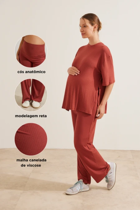 CONJUNTO GESTANTE E AMAMENTAÇÃO CONFORTÁVEL CALÇA E CAMISETA OVER MARROM