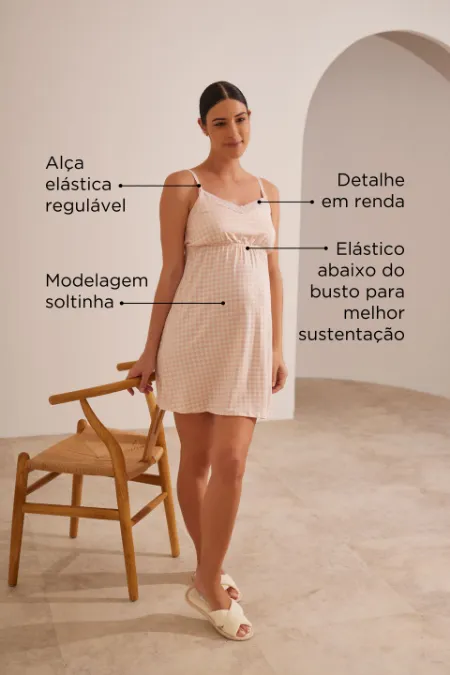 KIT ROBE E CAMISOLA DE AMAMENTAÇÃO COM RENDA E FECHO CLICK XADREZ ROSE