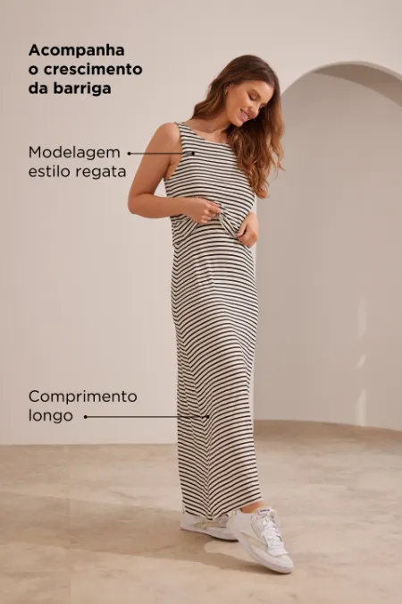 VESTIDO CORINGÃO REGATA PARA AMAMENTAR LISTRADO PRETO