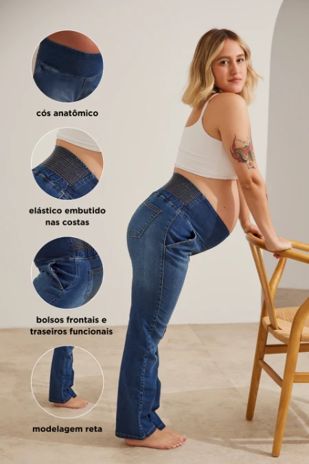 CALÇA JEANS GESTANTE E PÓS-PARTO RETA AZUL ESCURO