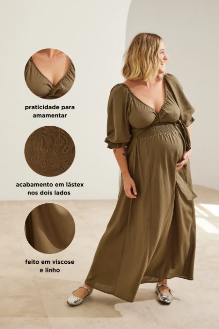 VESTIDO MIL LOOKS GESTANTE E AMAMENTAÇÃO OLIVA