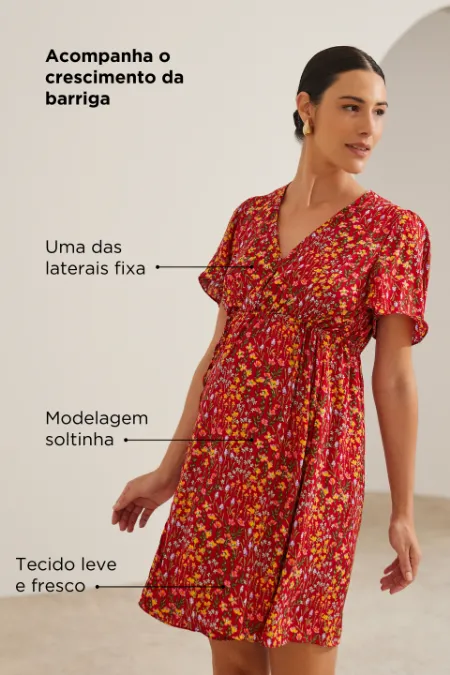 VESTIDO GESTANTE E AMAMENTAÇÃO ENVELOPE CURTO ESTAMPADO FLORAL RUBI