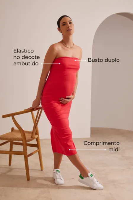 VESTIDO GESTANTE E AMAMENTAÇÃO SEM ALÇAS CANELADO TUBINHO MELANCIA