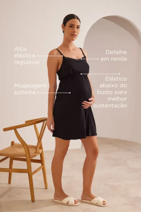 KIT ROBE E CAMISOLA DE AMAMENTAÇÃO COM RENDA E FECHO CLICK PRETO