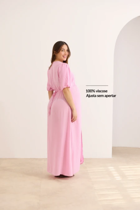 VESTIDO GESTANTE E AMAMENTAÇÃO LEVE MIDI COM BOTÕES ROSA