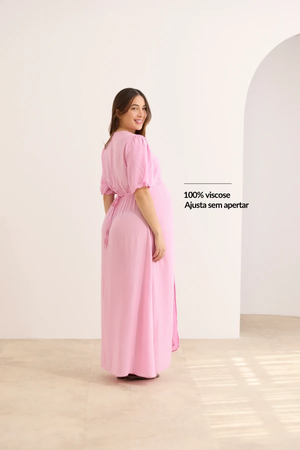 VESTIDO GESTANTE E AMAMENTAÇÃO LEVE MIDI COM BOTÕES ROSA - Imagem 2
