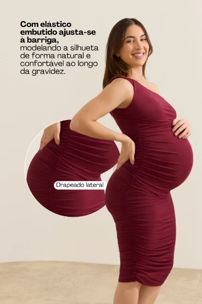 VESTIDO GESTANTE DE TULE UM OMBRO SÓ VINHO - Imagem 2