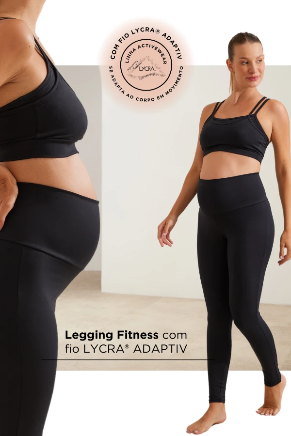 LEGGING FITNESS COM FIO LYCRA® ADAPTIV GESTANTE E PÓS-PARTO PRETO - Imagem 1
