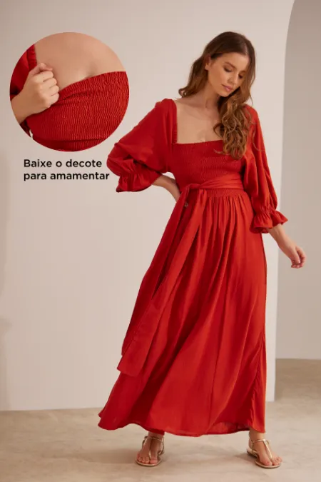 VESTIDO MIL LOOKS GESTANTE E AMAMENTAÇÃO TERRACOTA