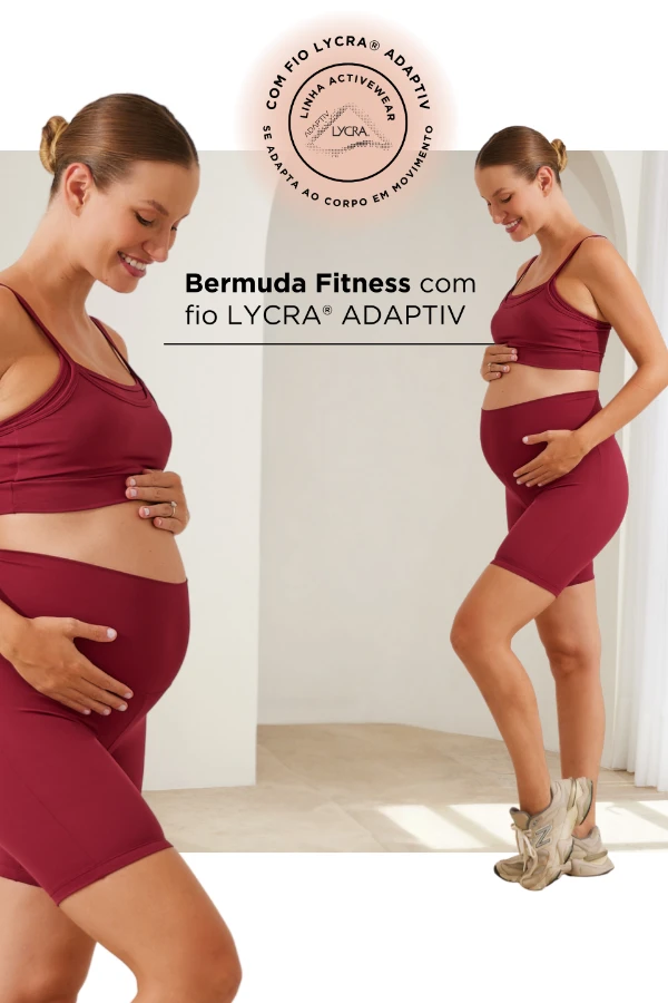 BERMUDA FITNESS COM FIO LYCRA® ADAPTIV GESTANTE E PÓS-PARTO VINHO - Imagem 1