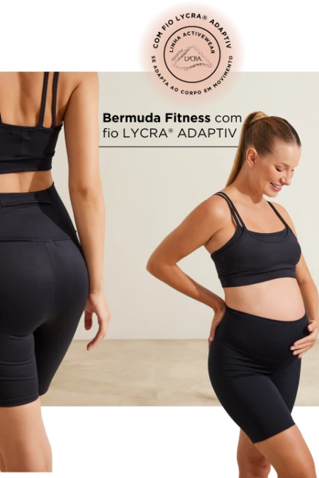 BERMUDA FITNESS COM FIO LYCRA® ADAPTIV GESTANTE E PÓS-PARTO PRETO