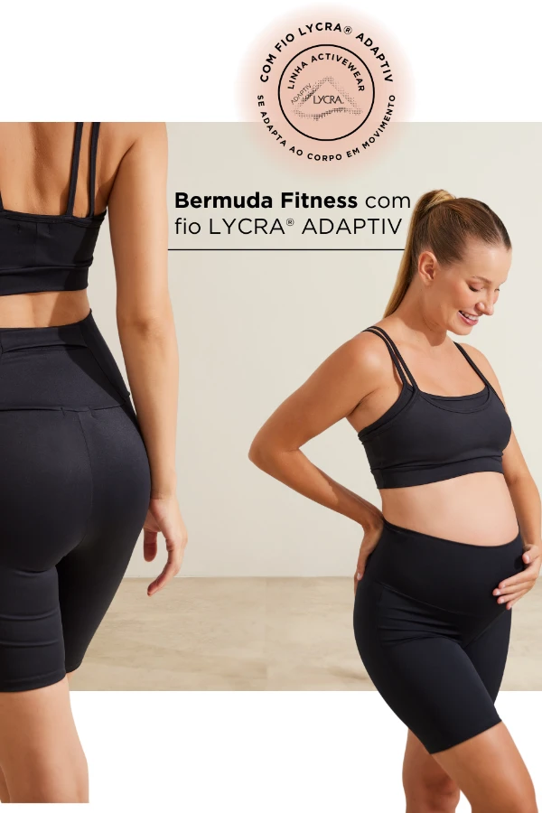 BERMUDA FITNESS COM FIO LYCRA® ADAPTIV GESTANTE E PÓS-PARTO PRETO - Imagem 1