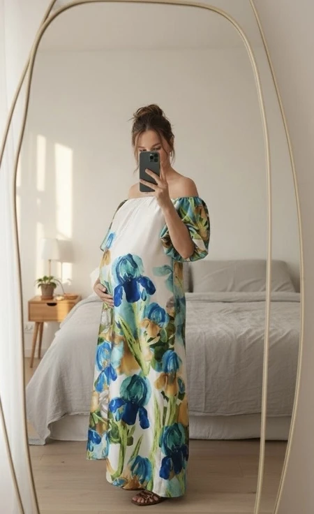 VESTIDO CETIM COREANO ESTAMPADO GESTANTE E AMAMENTAÇÃO FLORES AZUIS