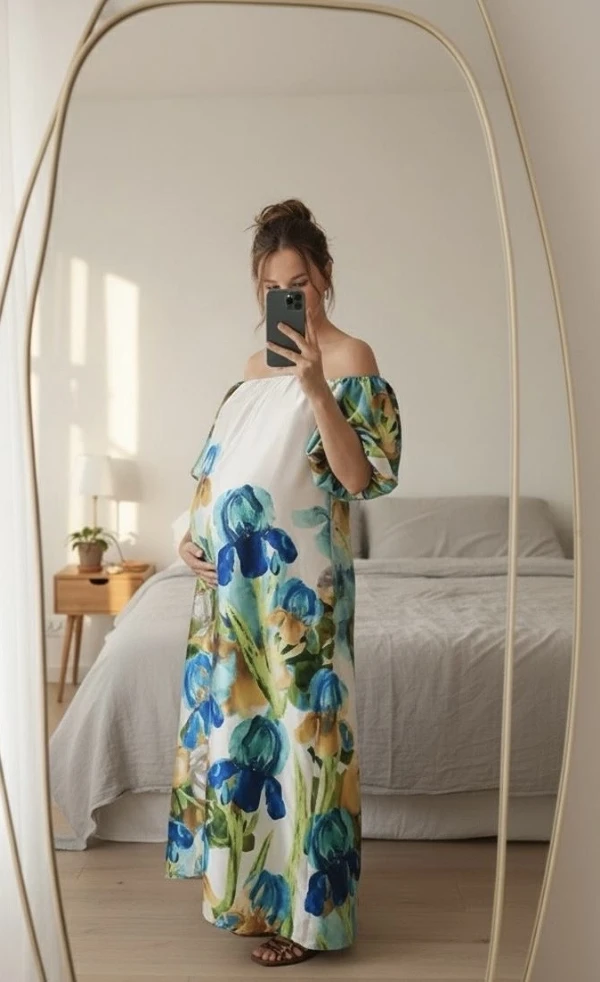 VESTIDO CETIM COREANO ESTAMPADO GESTANTE E AMAMENTAÇÃO FLORES AZUIS - Imagem 1