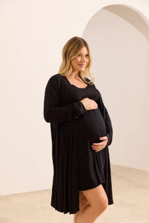 KIT ROBE E CAMISOLA DE AMAMENTAÇÃO COM RENDA E FECHO CLICK PRETO - Imagem 2