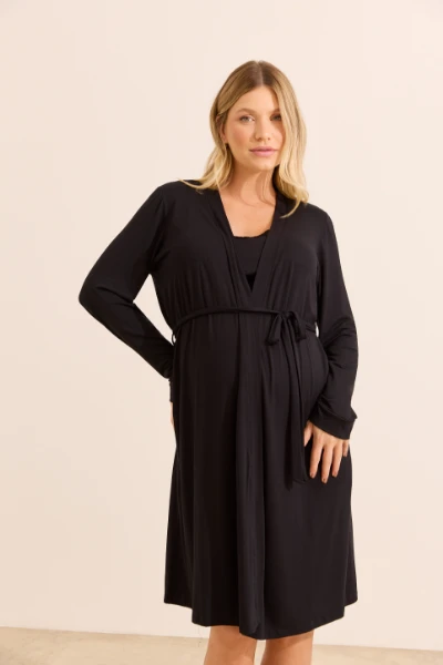 KIT ROBE E CAMISOLA DE AMAMENTAÇÃO COM RENDA E FECHO CLICK PRETO - Imagem 1