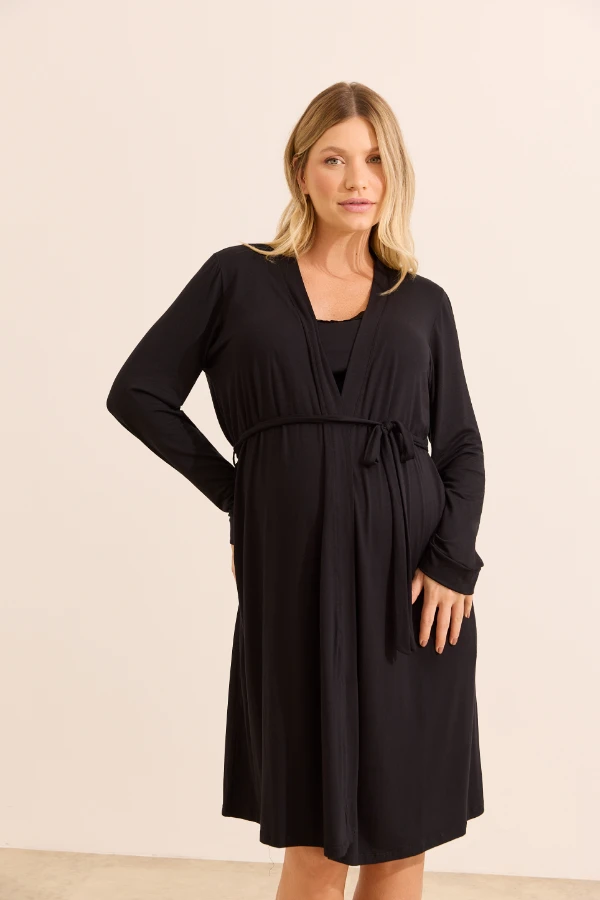 KIT ROBE E CAMISOLA DE AMAMENTAÇÃO COM RENDA E FECHO CLICK PRETO