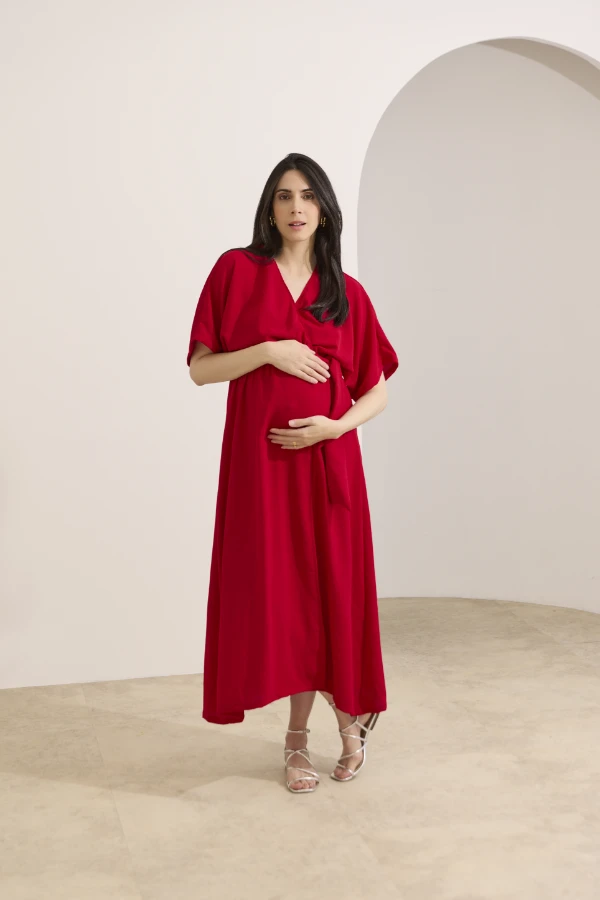VESTIDO GESTANTE E AMAMENTAÇÃO ENVELOPE MIDI COM FAIXA VERMELHO - Imagem 1