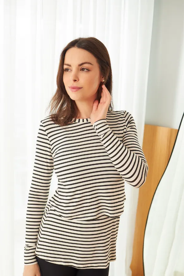 BLUSA PRÁTICA MANGA LONGA GESTANTE E AMAMENTAÇÃO LISTRADO PRETO - Imagem 2