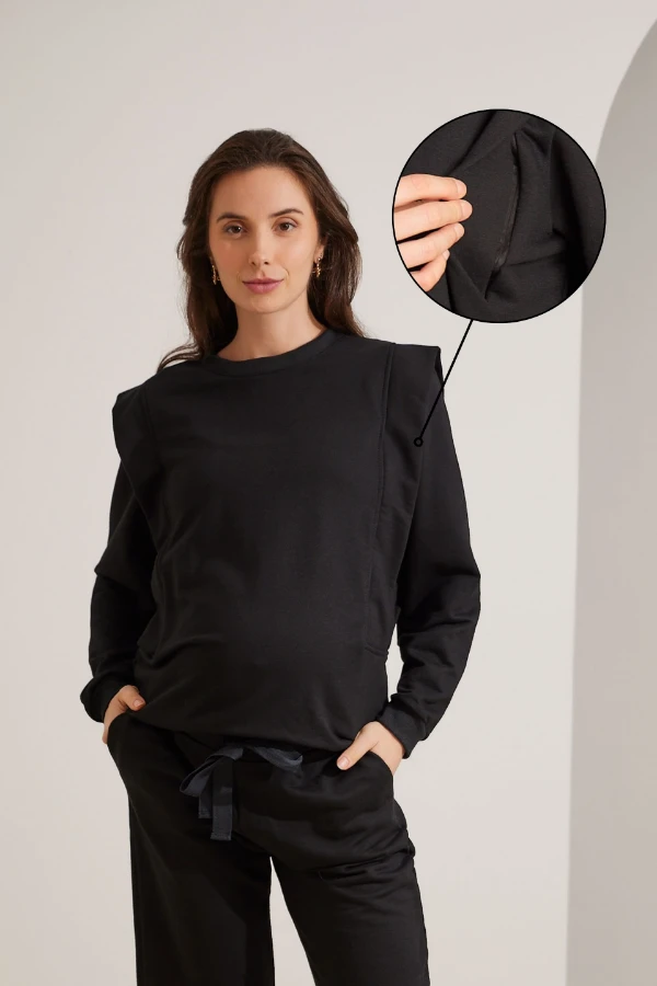 BLUSA DE MOLETOM PARA AMAMENTAR COM ZÍPER E RIBANA  PRETO - Imagem 1