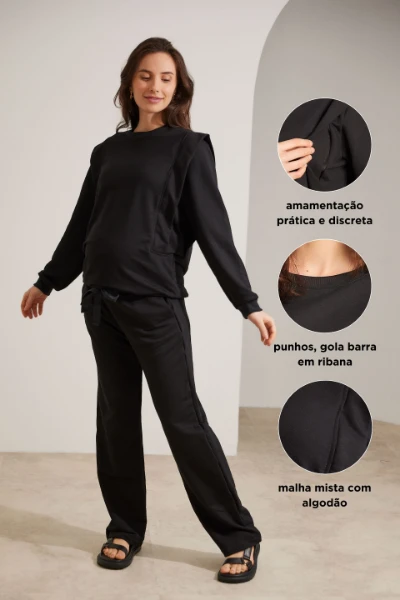 BLUSA DE MOLETOM PARA AMAMENTAR COM ZÍPER E RIBANA  PRETO - Imagem 2
