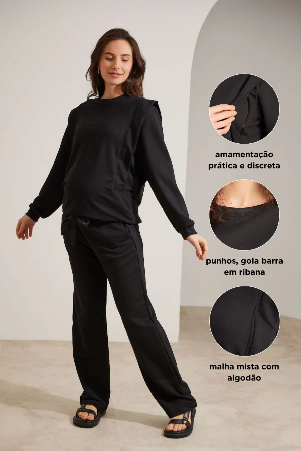 BLUSA DE MOLETOM PARA AMAMENTAR COM ZÍPER E RIBANA  PRETO - Imagem 2