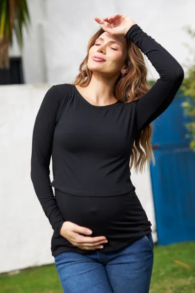 BLUSA PRÁTICA MANGA LONGA GESTANTE E AMAMENTAÇÃO PRETO - Imagem 1