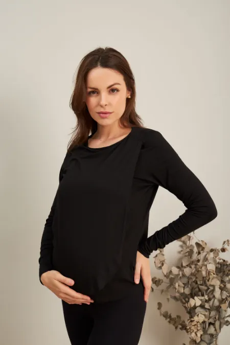 BLUSA GESTANTE E AMAMENTAÇÃO COM TRANSPASSE MANGA LONGA PRETO