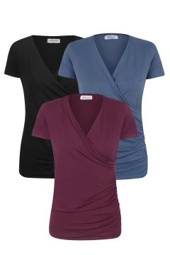 KIT 3 BLUSAS DECOTE CRUZADO COM DRAPEADOS