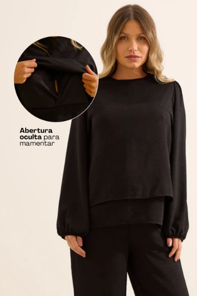 BLUSA CLÁSSICA MANGA LONGA GESTANTE E AMAMENTAÇÃO PRETO - Imagem 2