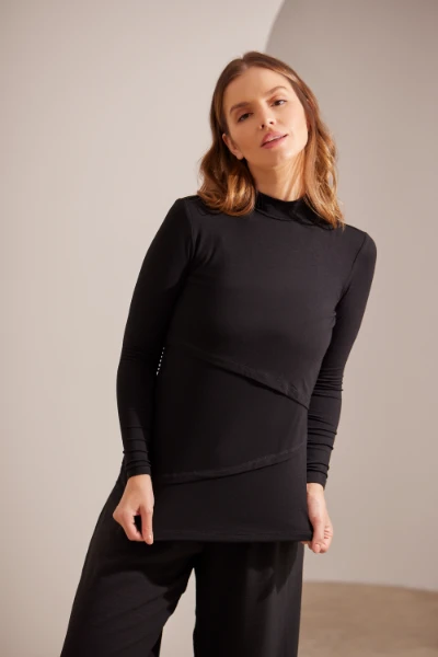 BLUSA GESTANTE E AMAMENTAÇÃO GOLINHA MANGA LONGA PRETO - Imagem 1