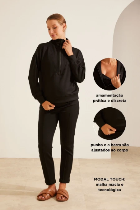 BLUSA MODAL TOUCH ZÍPER AMAMENTAÇÃO PRETO