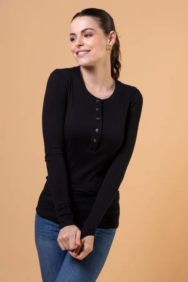 BLUSA CANELADA COM BOTÕES GESTANTE E AMAMENTAÇÃO PRETO - Imagem 1