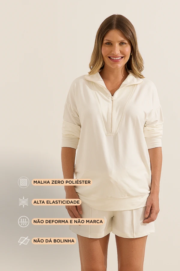 BLUSA MOLETINHO ULTRACONFORTO®  COM ZIPER GESTANTE E AMAMENTAÇÃO OFF WHITE - Imagem 2