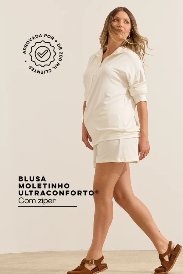BLUSA MOLETINHO ULTRACONFORTO®  COM ZIPER GESTANTE E AMAMENTAÇÃO OFF WHITE - Imagem 1