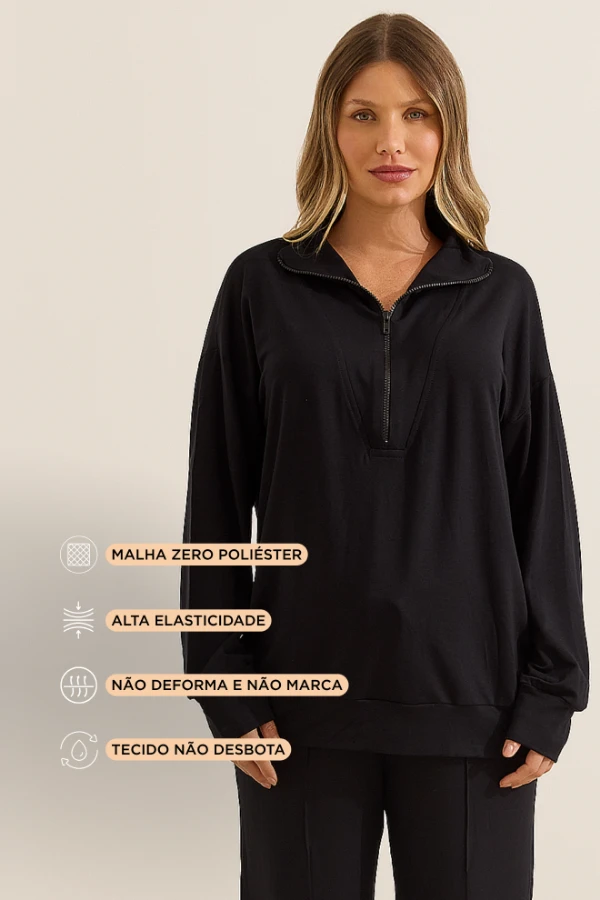 BLUSA MOLETINHO ULTRACONFORTO®  COM ZIPER GESTANTE E AMAMENTAÇÃO PRETO - Imagem 2