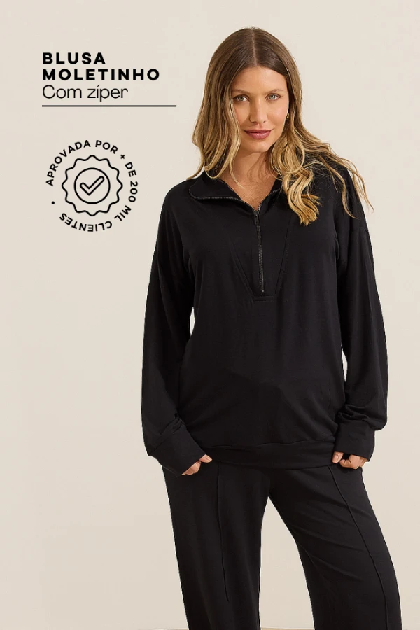 BLUSA MOLETINHO ULTRACONFORTO®  COM ZIPER GESTANTE E AMAMENTAÇÃO PRETO - Imagem 1