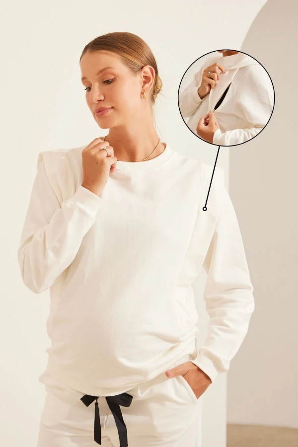 BLUSA DE MOLETOM PARA AMAMENTAR COM ZÍPER E RIBANA  OFF WHITE - Imagem 1