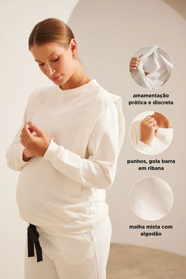 BLUSA DE MOLETOM PARA AMAMENTAR COM ZÍPER E RIBANA  OFF WHITE - Imagem 2