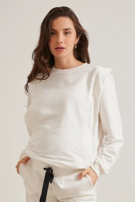 BLUSA DE MOLETOM PARA AMAMENTAR COM ZÍPER E RIBANA  OFF WHITE