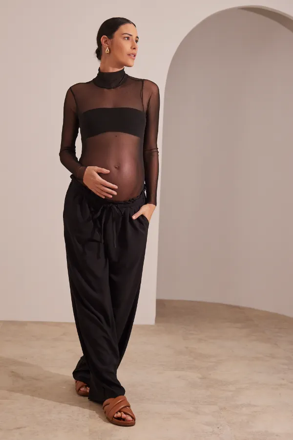 BODY TULE MANGA LONGA COM TOP FAIXA GESTANTE PRETO - Imagem 1